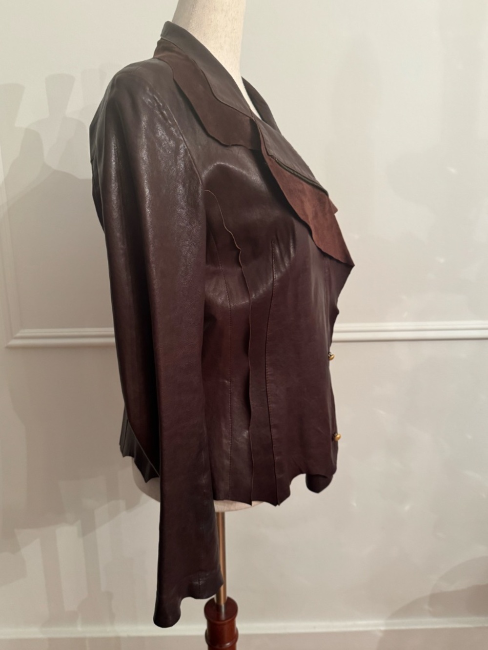 Vintage Roberto Cavalli Mainline 2002 Brown Leather Moto Jacket Suede Leopard 46 - Picture 3 of 9